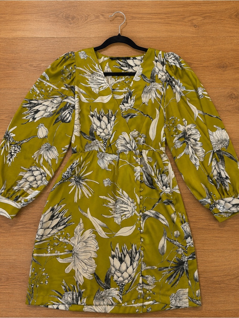 Zara Olive Floral Button-Front Mini Dress